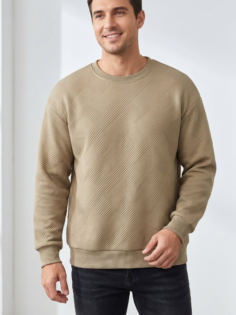 NWT JMIERR Mens Geometric Textured Crewneck Pullover Sweater Khaki Large